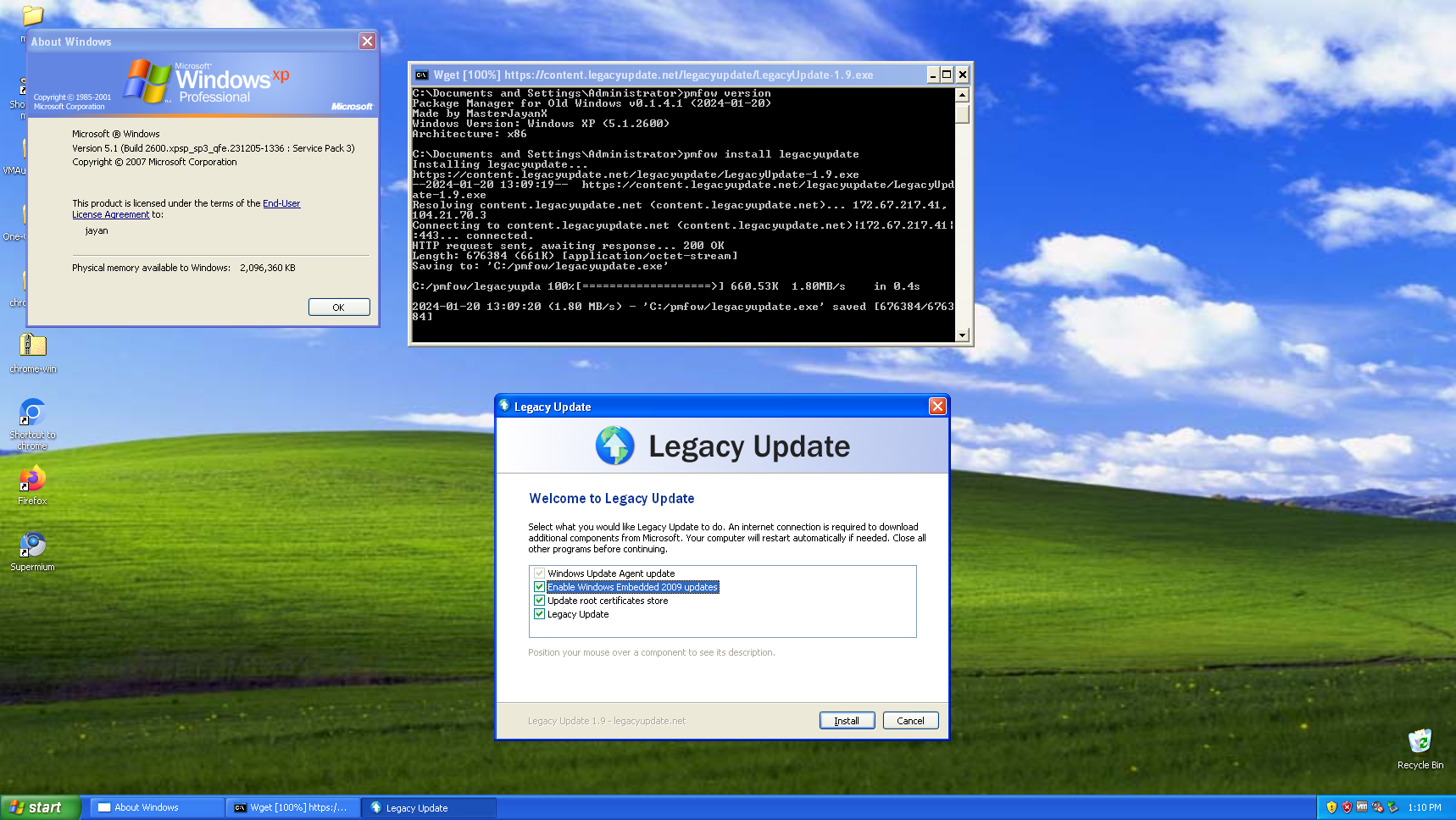 Screenshot of pmfow installing Legacy Update on a Windows XP VM.